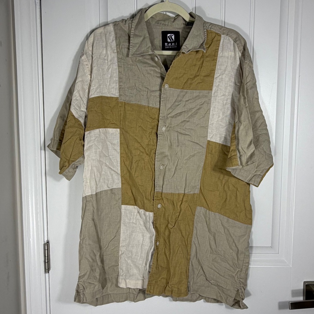 Karl Kani Mens Patchwork Colorblock Linen Blend Button Down Shirt Tan Large